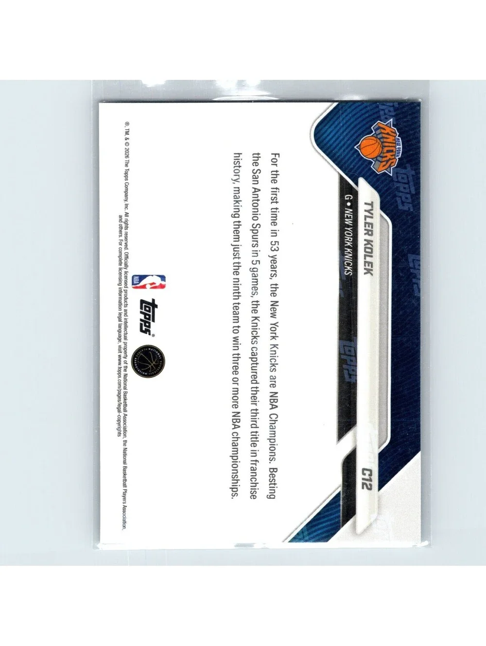 2026 Topps Now NBA Champions Tyler Kolek #C12 New York Knicks Champions